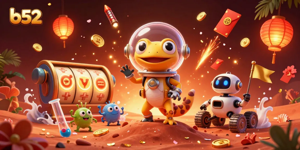 Experience the excitement at b52 with a Martian gecko discovering a golden casino in this vibrant 3D illustration.