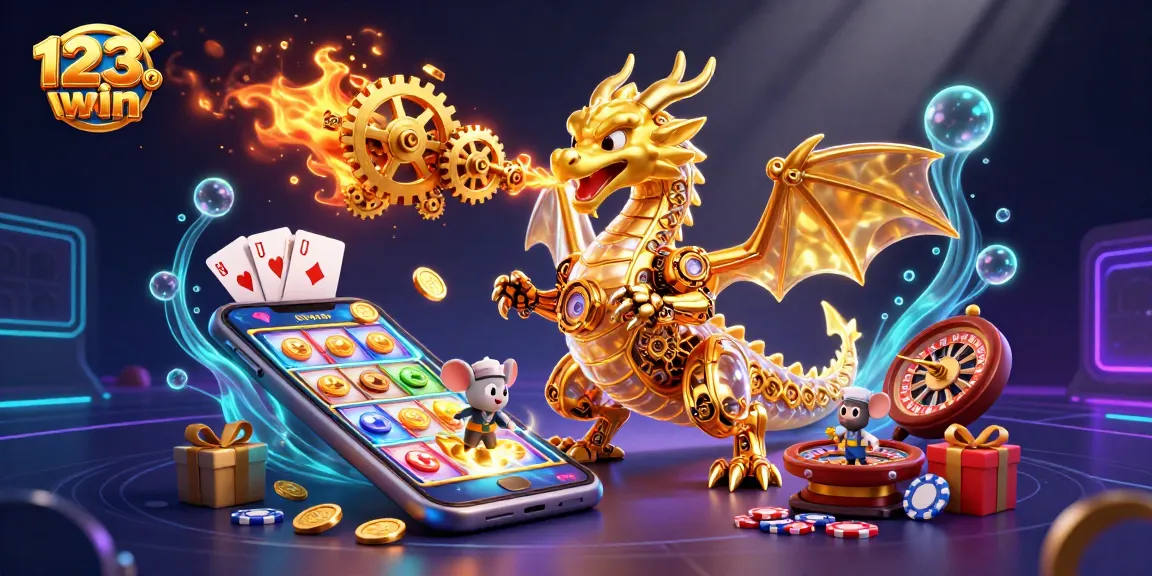 Engage with dynamic slot features at 123win com as a golden dragon breathes gears, enriched with casino elements.