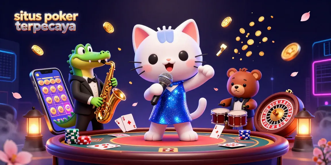 Engage with the dynamic poker scene at situs poker terpercaya featuring a jazz-singer cat, saxophone crocodile, and drum-playing bear.