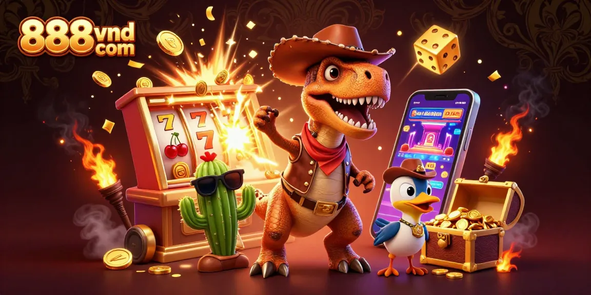 Experience the exhilarating fun at 888vnd com with a vibrant jackpot scene featuring cartoon characters and casino elements.