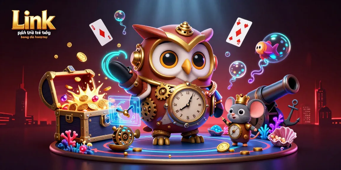Link phát trực tiếp bóng đá hôm nay features a vibrant casino scene with cartoon owl and mouse.