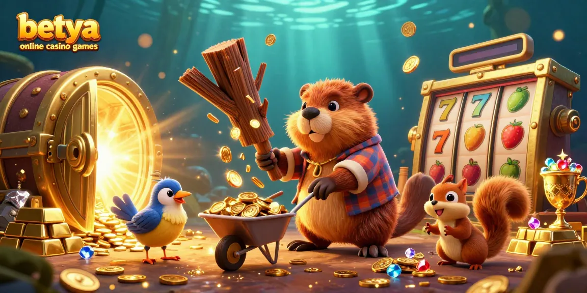 Engage with betya online casino games featuring a lumberjack beaver and gold coins in a vibrant 3D illustration.