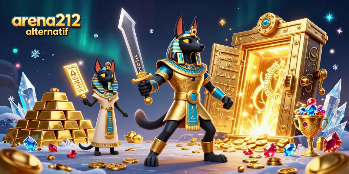 Mengakses arena212 alternatif dengan menguji keberuntungan pada mesin slot, diilustrasikan dengan Anubis dan Bastet dikelilingi harta karun.