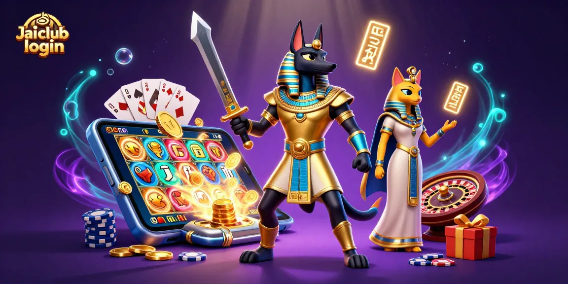 Engage with Jai club login in a vibrant, action-packed casino scene featuring Anubis and Bastet.