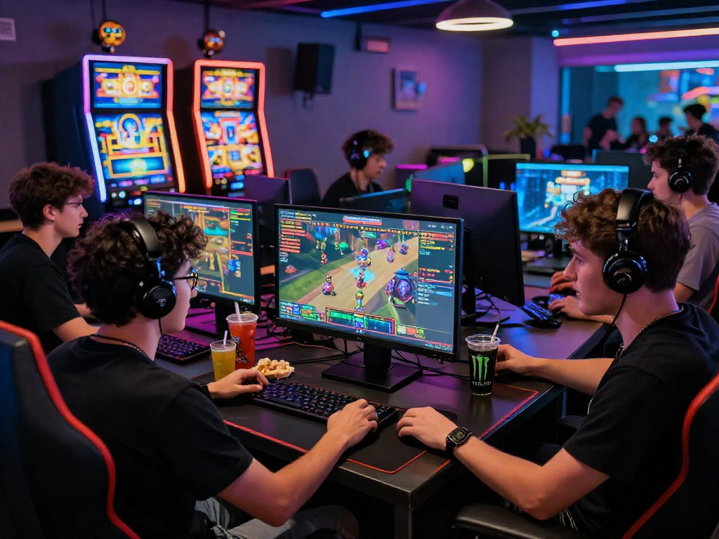 Exciting online gaming experience at mpocash.blog, showcasing modern setups and lively gamers in an energetic atmosphere.
