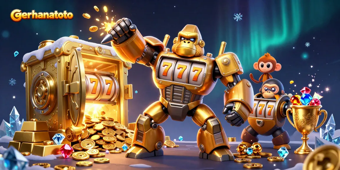 Bermain di gerhanatoto dengan karakter gorila emas dan simbol slot yang memukau.