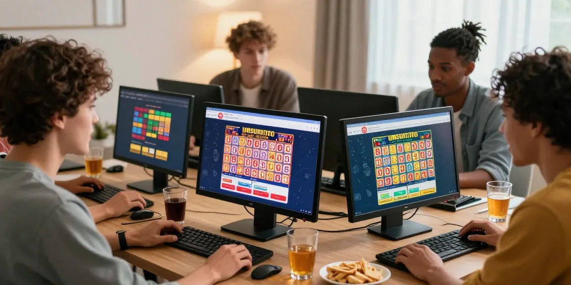 Excited young adults exploring Unsurtoto's online lottery games together in a cozy living room.