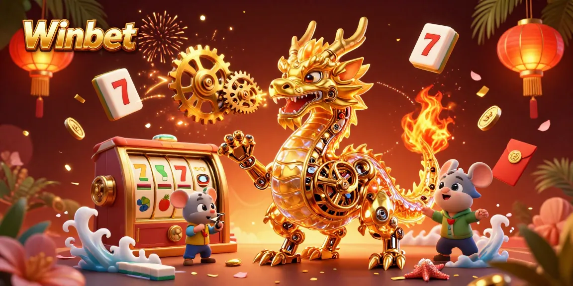 Winbet engages players with a golden dragon and slot reels, showcasing dynamic gambling excitement.