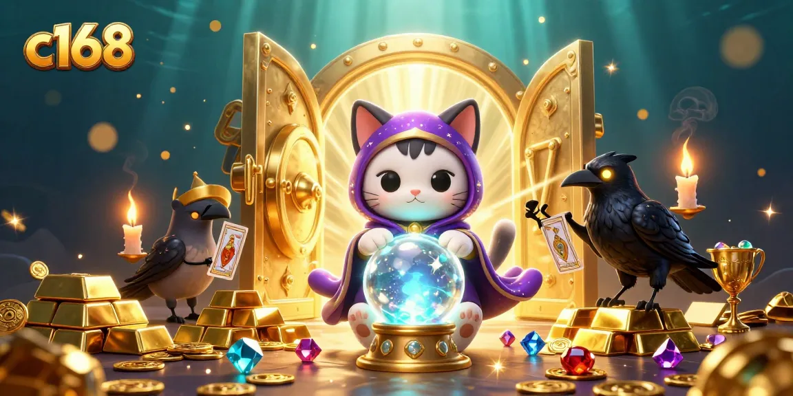 Experience the thrill at c168 with a vibrant 3D illustration of fortune and gaming elements.