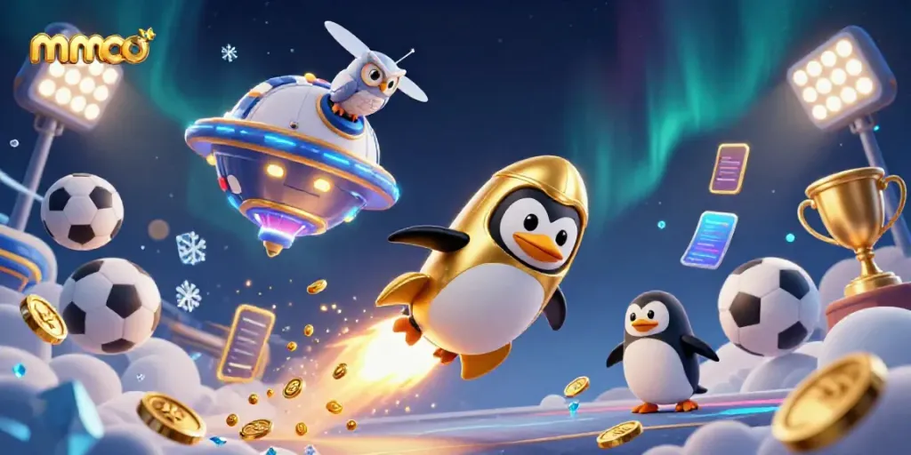 Experience high-stakes gaming with mmoo as a golden penguin journeys through a vibrant, casino-themed galaxy.