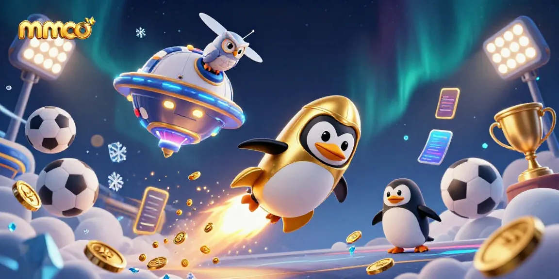 Experience high-stakes gaming with mmoo as a golden penguin journeys through a vibrant, casino-themed galaxy.