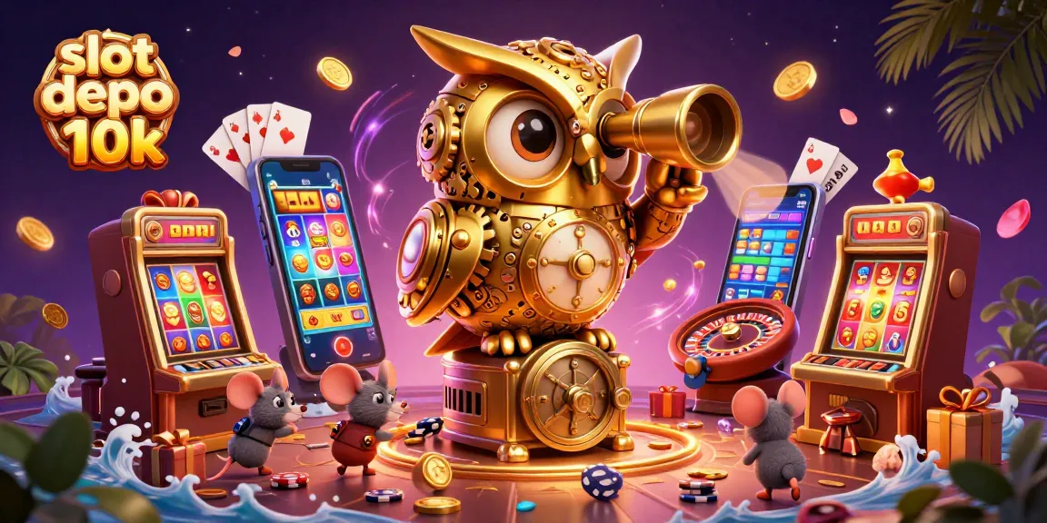 Permainan slot depo 10k: ilustrasi kasino 3D dengan burung hantu emas dan elemen menarik lainnya.