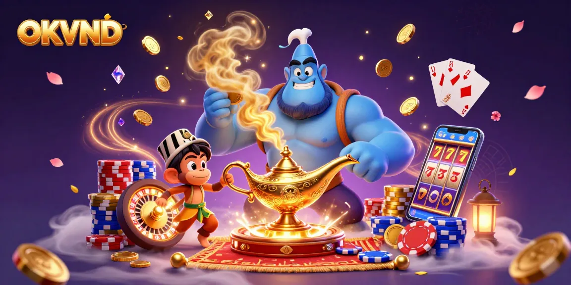 Engage with OKVND in this vibrant 3D scene of casino fun with a genie and treasure.