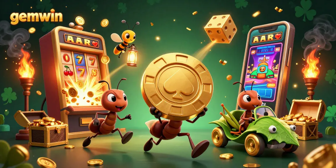 Experience excitement at gemwin with a 3D illustration of ants carrying a giant poker chip amidst a casino explosion.