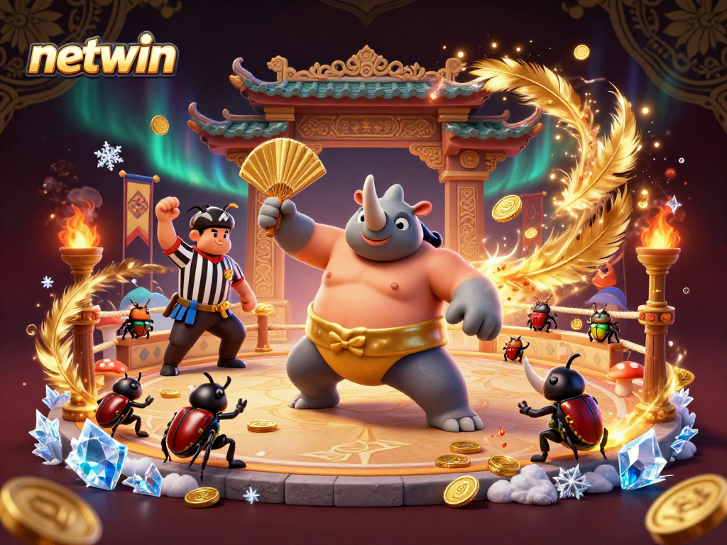Watch netwin showcase thrilling action as a rhinoceros beetle sumo champion stomps, sending coins flying.