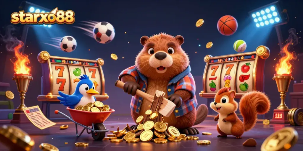 Join the excitement of starxo88 with a lively 3D illustration of a beaver and friends in a vibrant casino scene.