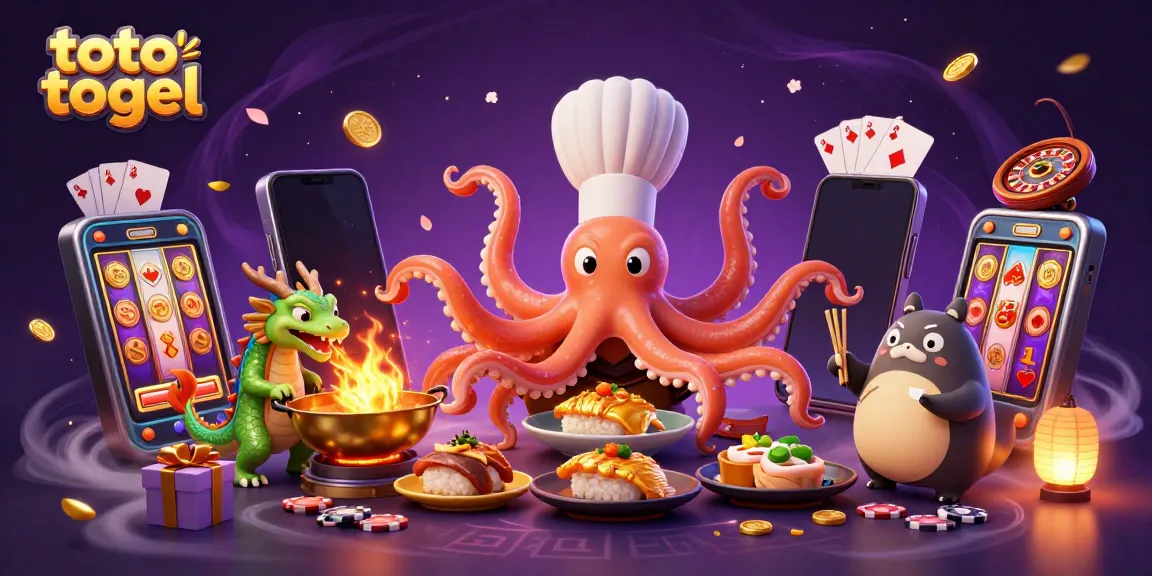 3D illustration showing the excitement of toto togel with an octopus chef, a dragon, and a tanuki customer in a vibrant casino.