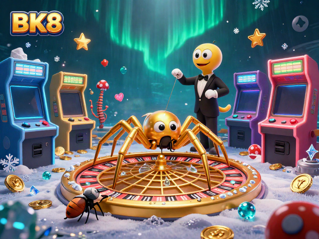 Experience thrilling bets at BK8 with a vibrant 3D casino scene featuring a spider and a fly.