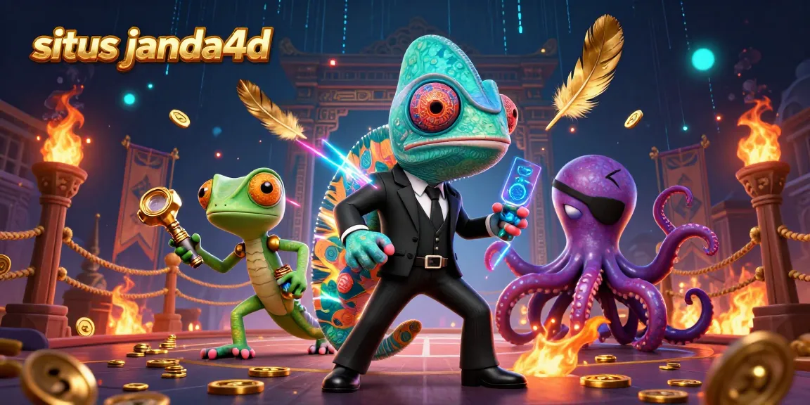 Gambarkan aksi situs janda4d dengan karakter chameleon, gecko, dan gurita di arena permainan.