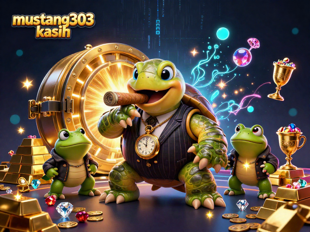 Engage with endless wins at Mustang303 kasih with an energetic casino scene featuring a cartoon turtle and frog enforcers.