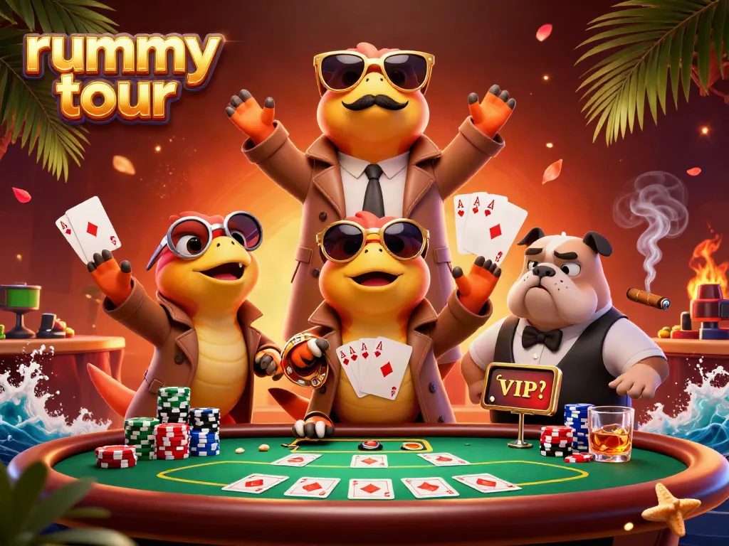 Rummy Tour menghidupkan keseruan permainan kartu dengan karakter raptor dan bouncer bulldog di kasino.