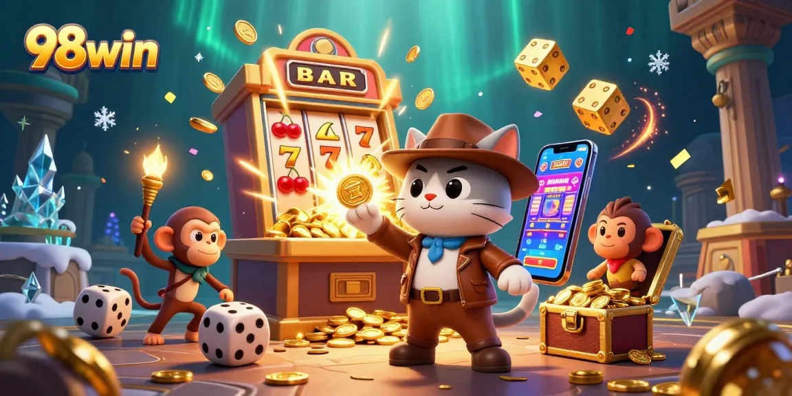 Engage with exciting games at 98win featuring a dynamic 3D cat explorer and dazzling casino elements.