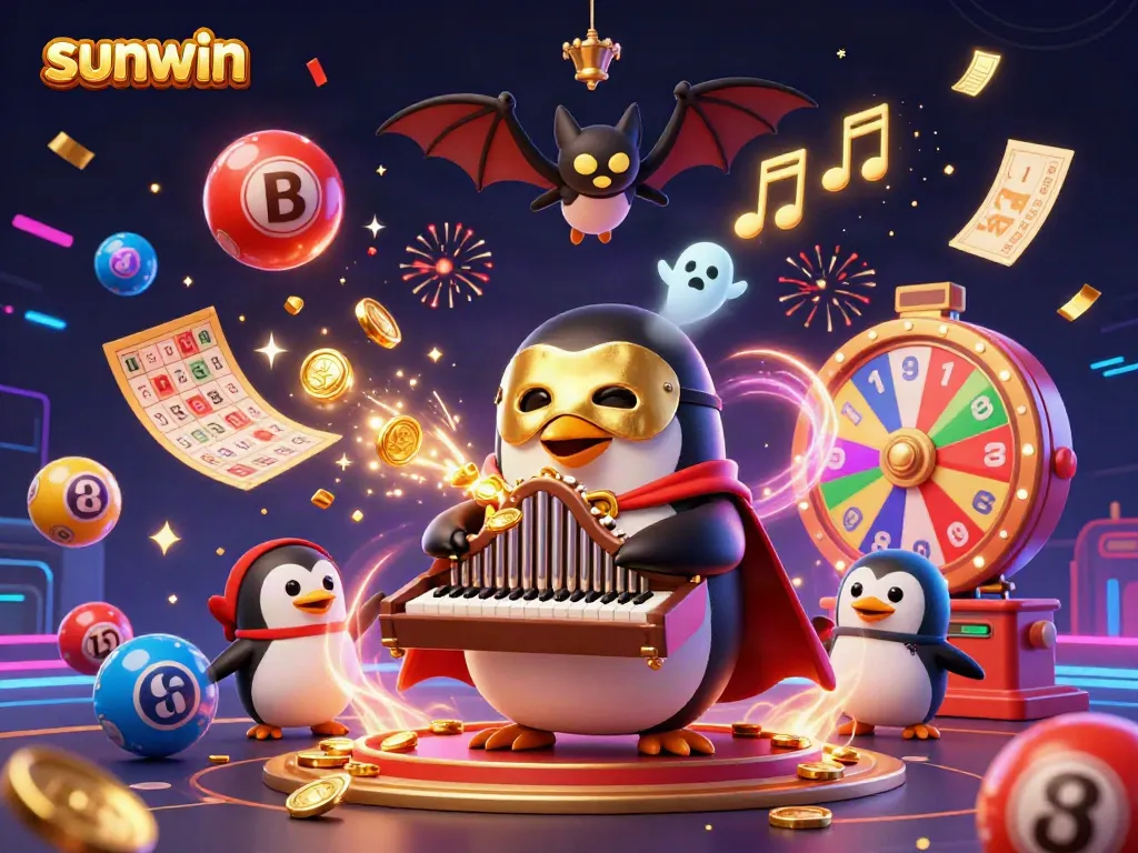 Experience gaming excitement with sunwin as a 3D penguin plays an organ, showering golden coins at a vibrant casino scene.