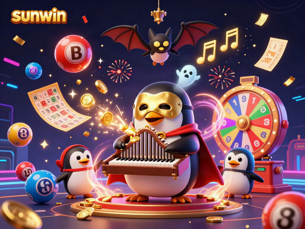 Experience gaming excitement with sunwin as a 3D penguin plays an organ, showering golden coins at a vibrant casino scene.