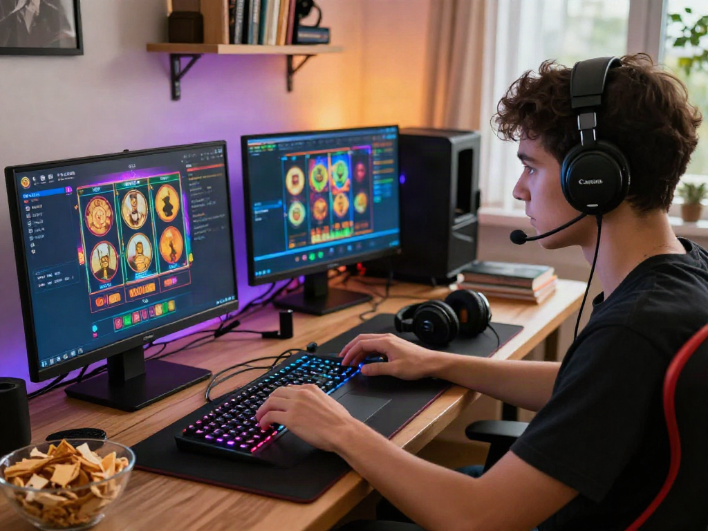 Intense player engaging with slot online game on laptop in cozy gaming corner.
