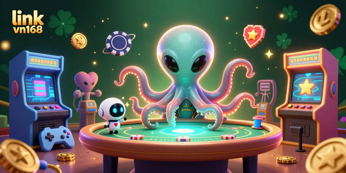 Experience thrilling gaming with link vn168's vibrant 3D casino scene featuring an octopus and robot.