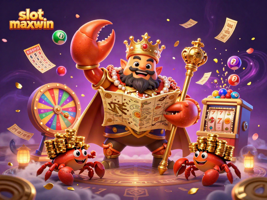 Experience slot maxwin excitement featuring a golden crab emperor with lottery and gaming elements!
