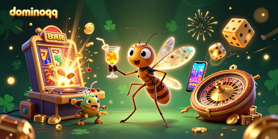 Experience excitement with dominoqq games, featuring vibrant casino elements in a lively 3D illustration.