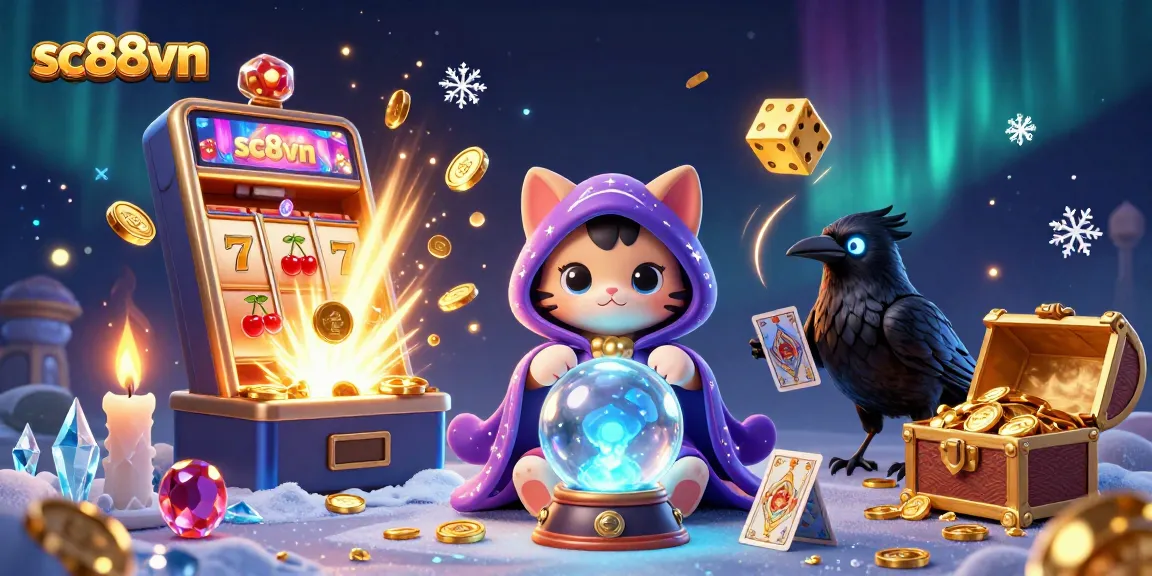 Engage in thrilling gaming at sc88vn with a mystical cat and tarot raven, symbolizing fortune.