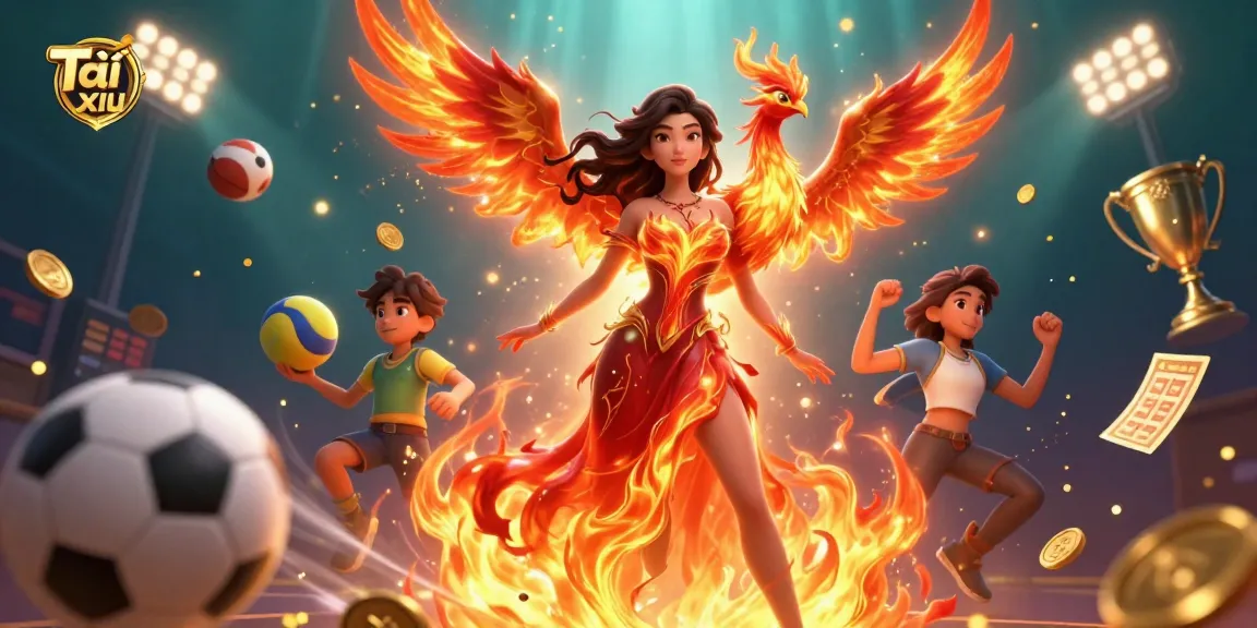 Tài xỉu illustration showcasing a stunning Asian woman and a fiery phoenix in a dynamic casino scene.
