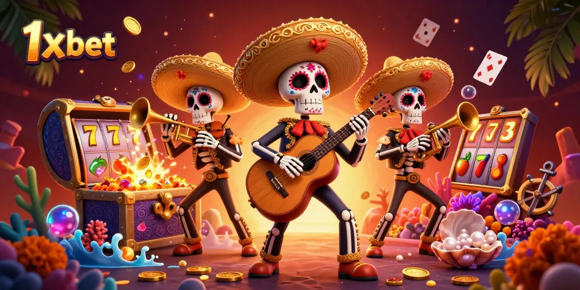 Experience thrilling gameplay with 1x bet as vibrant mariachi skeletons celebrate wins amidst casino treasures.