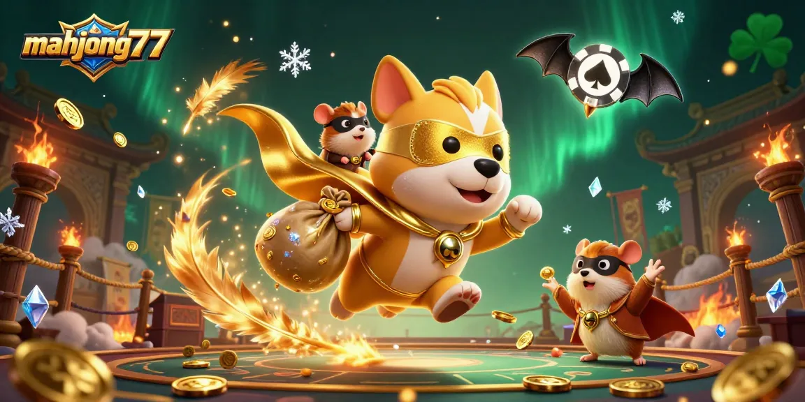 Experience thrilling action with mahjong777 in a vibrant casino scene featuring a superhero dog.