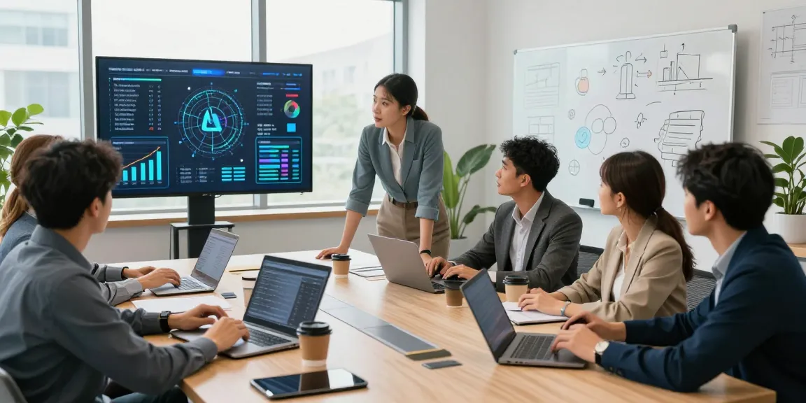 Team collaborating in a modern office setting on AI for business strategies.