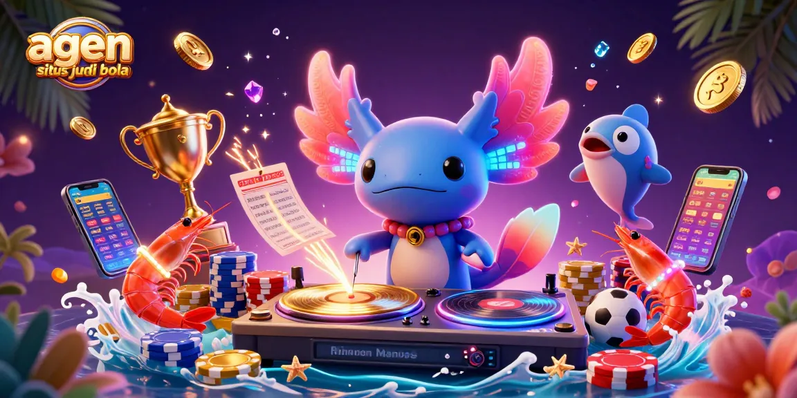 Engage with agen situs judi bola in a vibrant, dynamic sports betting scene featuring an axolotl DJ and energetic characters.