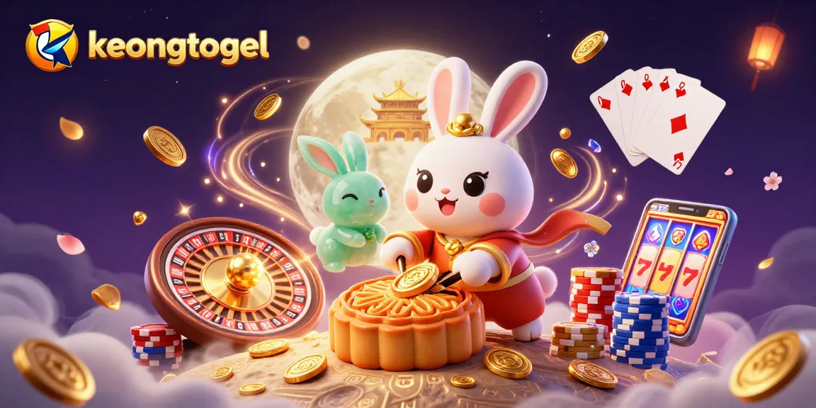 Win big with keongtogel as a moon rabbit reveals hidden poker chips amidst a festive casino scene.