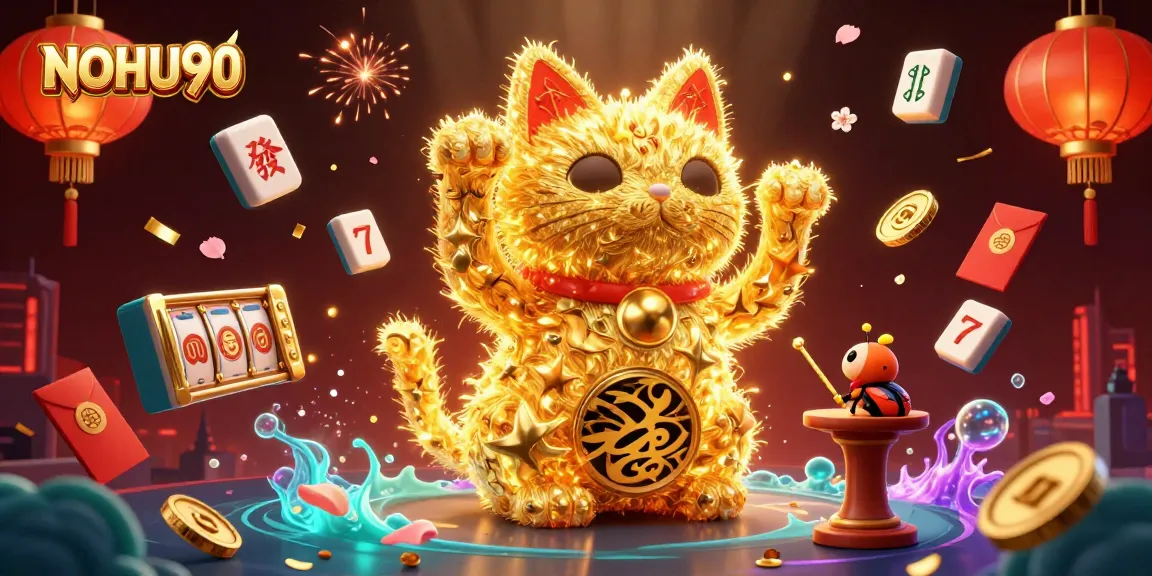 Engage with the action at NOHU90 featuring a vibrant digital casino scene with lucky symbols and dynamic elements.
