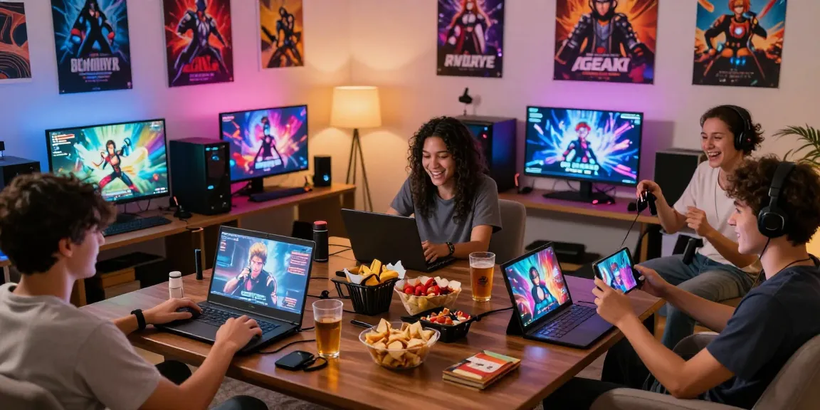 Players enjoying hentai games on various devices in a cozy living room.
