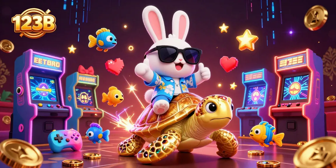 123B players engaging with vibrant casino elements in a lively 3D illustration.