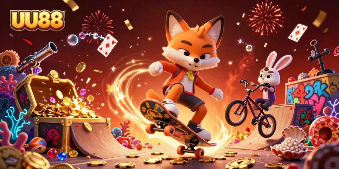 Experience thrilling action with the UU88 skateboarder fox and BMX rabbit in an immersive casino scene.
