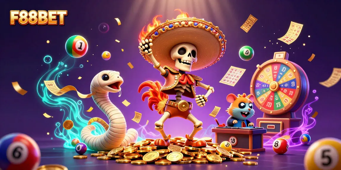 F88BET features a festive scene with a mariachi rooster celebrating winning jackpots surrounded by lottery elements.