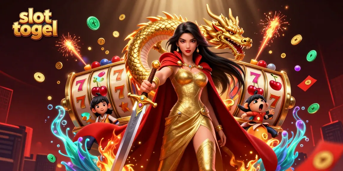 Spin the reels of slot togel with a fierce warrior queen and a golden dragon in this immersive casino illustration.