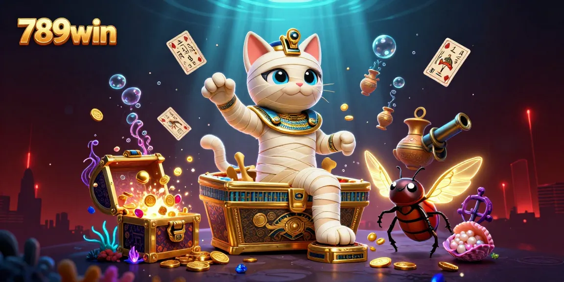 Experience the thrill of 789win with a dazzling 3D casino scene featuring a mummy cat and glowing treasures.