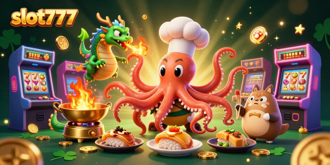 Slot777 menghadirkan suasana kasino dengan chef octopus dan naga berapi dalam gambaran menarik.