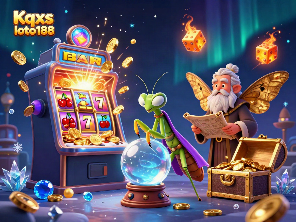 Engage with Kqxs loto188 through a vibrant 3D illustration showcasing a fortune teller and a whimsical library setting infused with gambling elements.