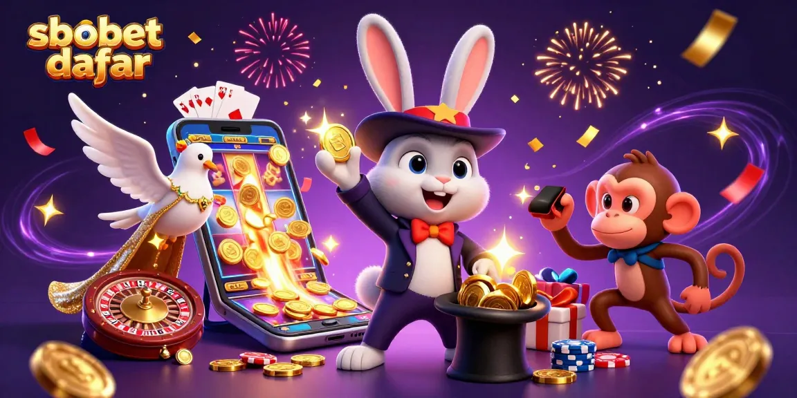 Experience thrilling sbobet daftar betting with a magician rabbit, golden coins, and vibrant casino elements.