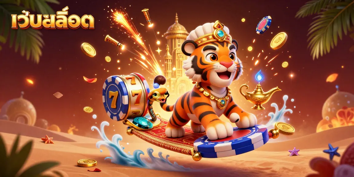 Experience thrill with เว็บสล็อต as the tiger sultan navigates a vibrant casino landscape of slot reels and gold coins.